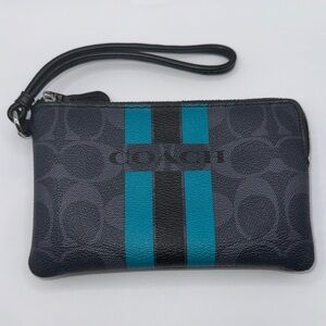 Coach Varsity Stripe Corner Zip Wristlet Black Turquoise
